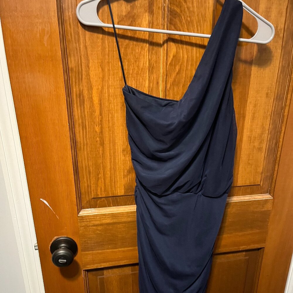 Size Medium - One Shoulder Navy Rouched Midi Dress